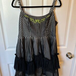 Beetlejuice Striped Black & Gray Tiered Dress with Neon Green Sandworm Accent